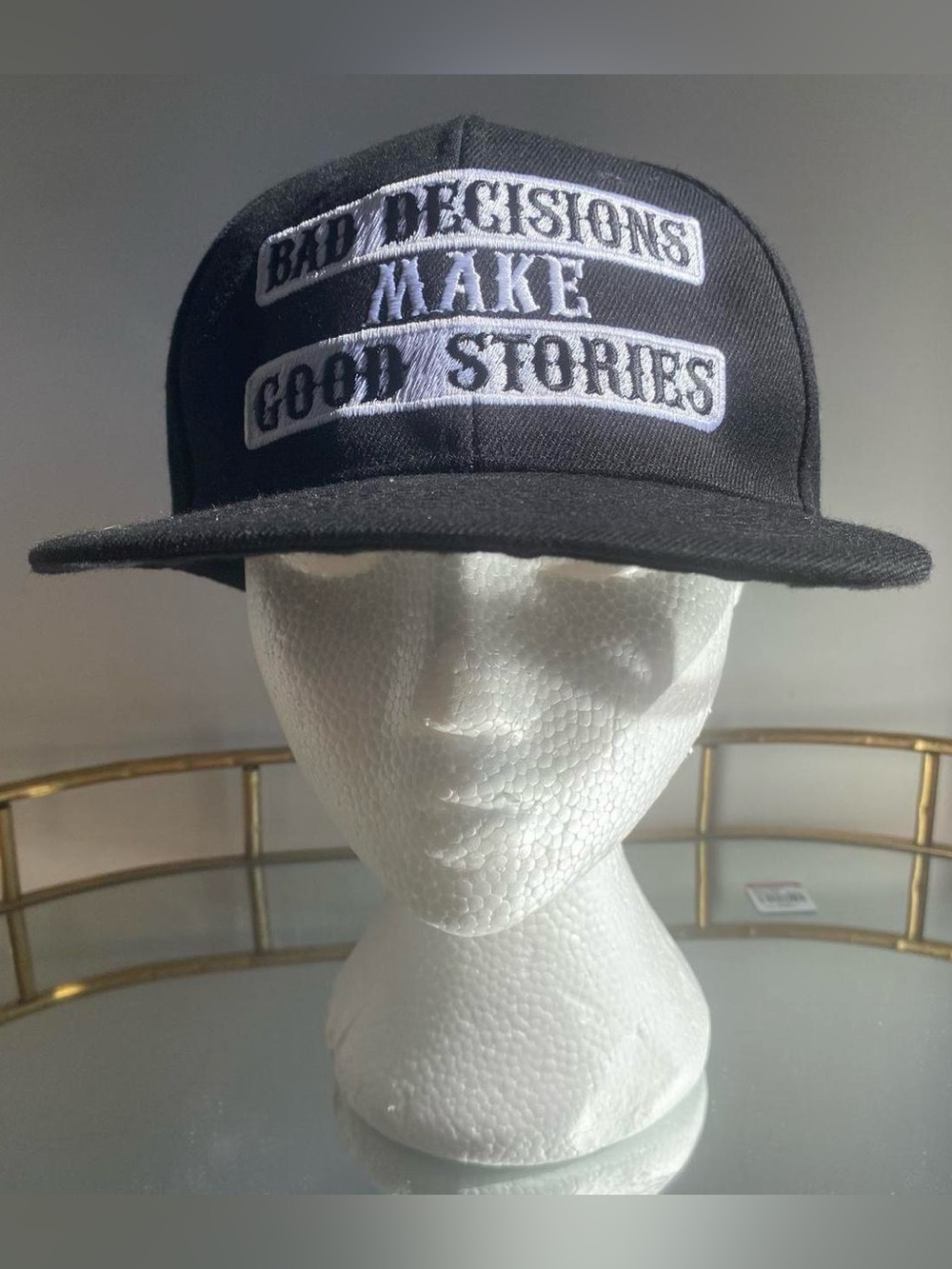 Black flat bill snap back hat funny saying Bad Decisions Make Good Stories cap